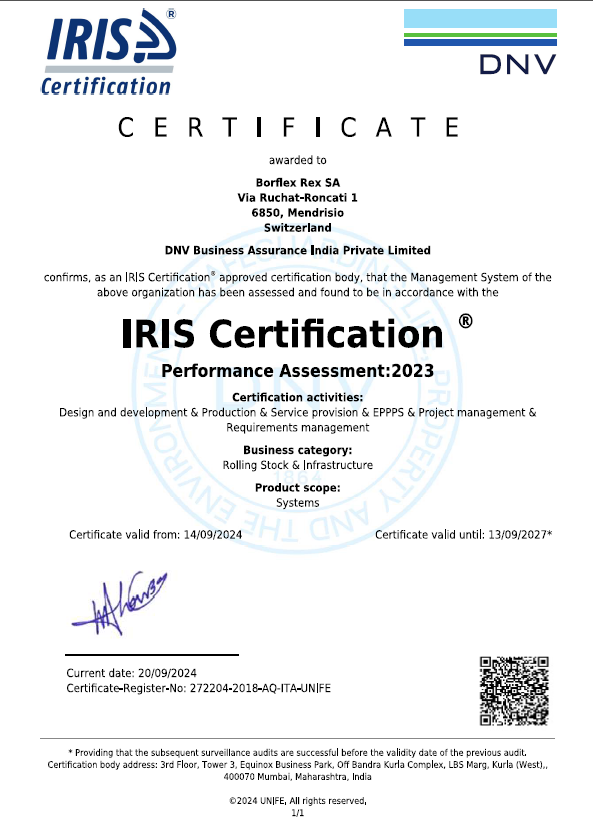 Certificat de renouvellement IRIS dédié à BORFLEX